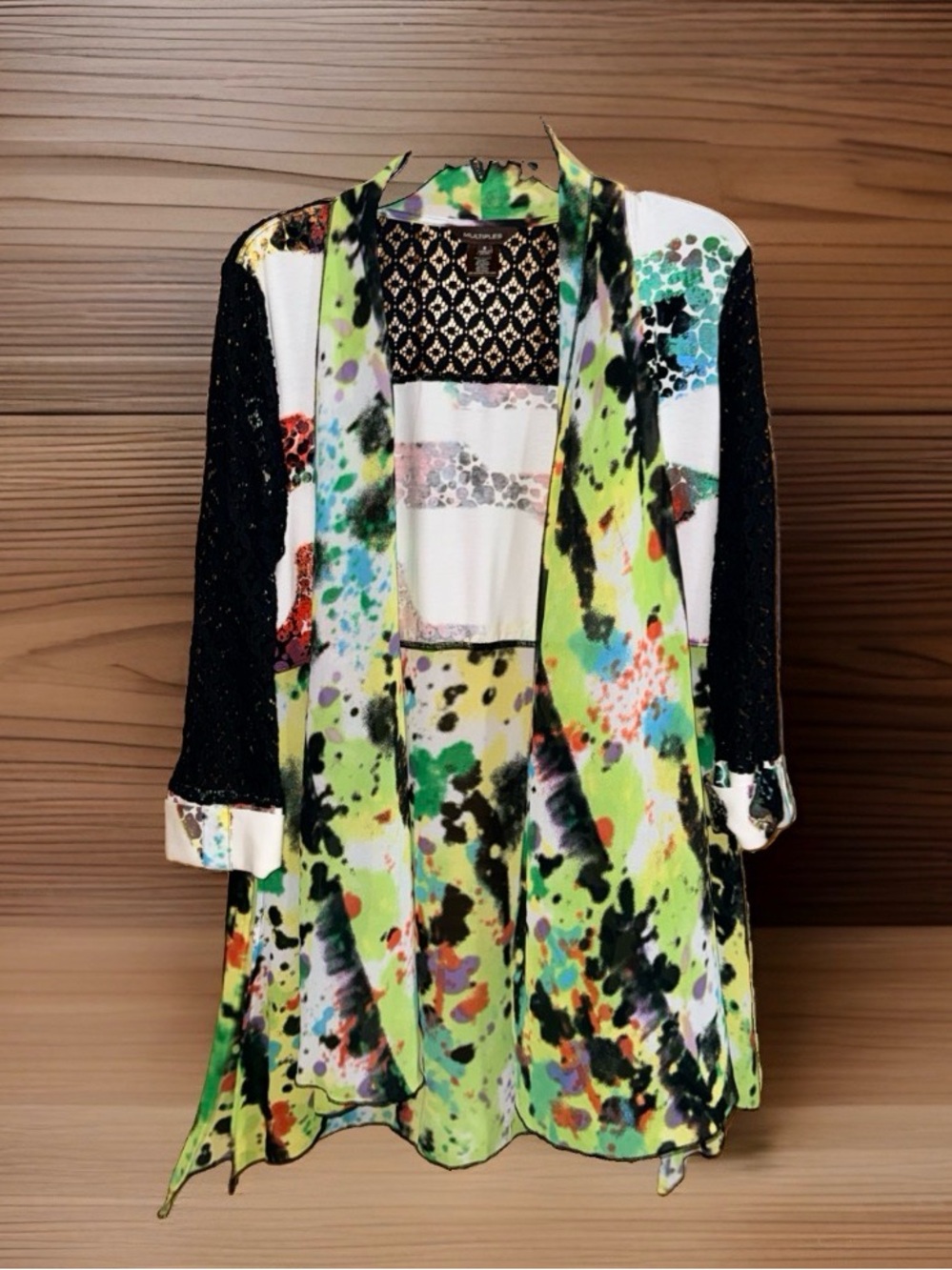 Multiples Neon Green Multi-Print Open Front Cardigan w/Black Lace Accents-S-EC